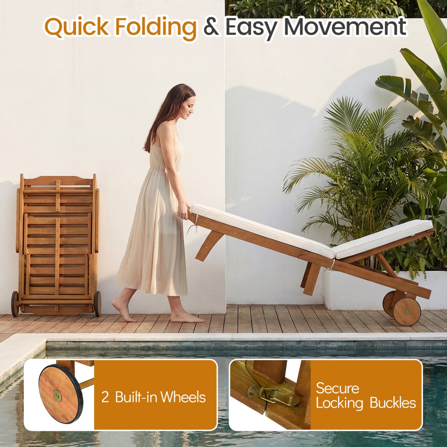 5-Position Adjustable Patio Chaise Lounge with Cushioned Comfort and Wheels, Natural & White Outdoor Chaise Lounges at Gallery Canada