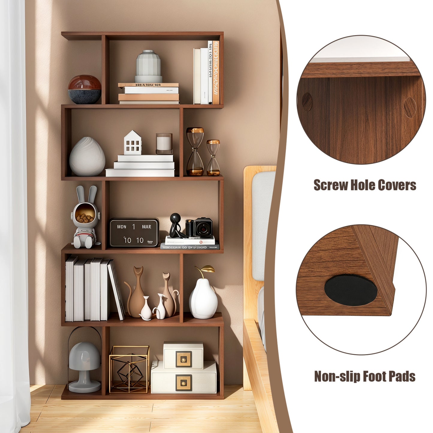 5-Tier S-Shaped Bookshelf with Anti-Tip Kit, Walnut
