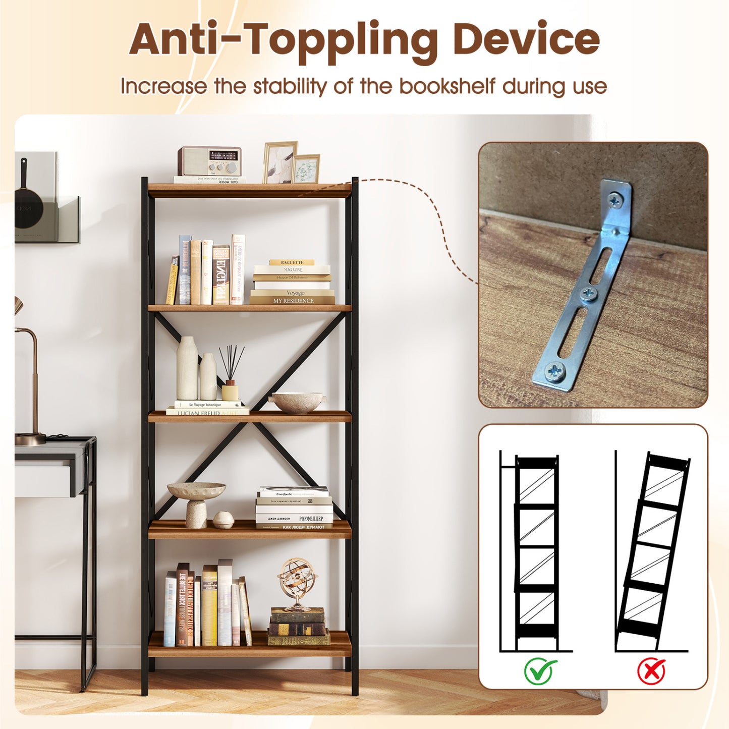 5-Tier Tall Bookshelf Industrial Bookcase with Heavy-Duty Metal Frame Modern Storage, Walnut Bookcases at Gallery Canada