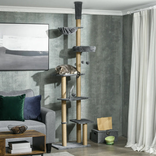 90.5" - 98.5" Cat Tree Tower, Scratching Post, Platforms, Bed, Hammock, Grey Floor to Ceiling Cat Trees Grey, Beige at Gallery Canada
