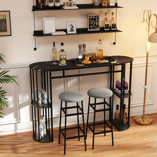 60 Inch Long Bar Table Narrow with Faux Marble Tabletop and Storage Shelves, Black Bar Tables Black at Gallery Canada