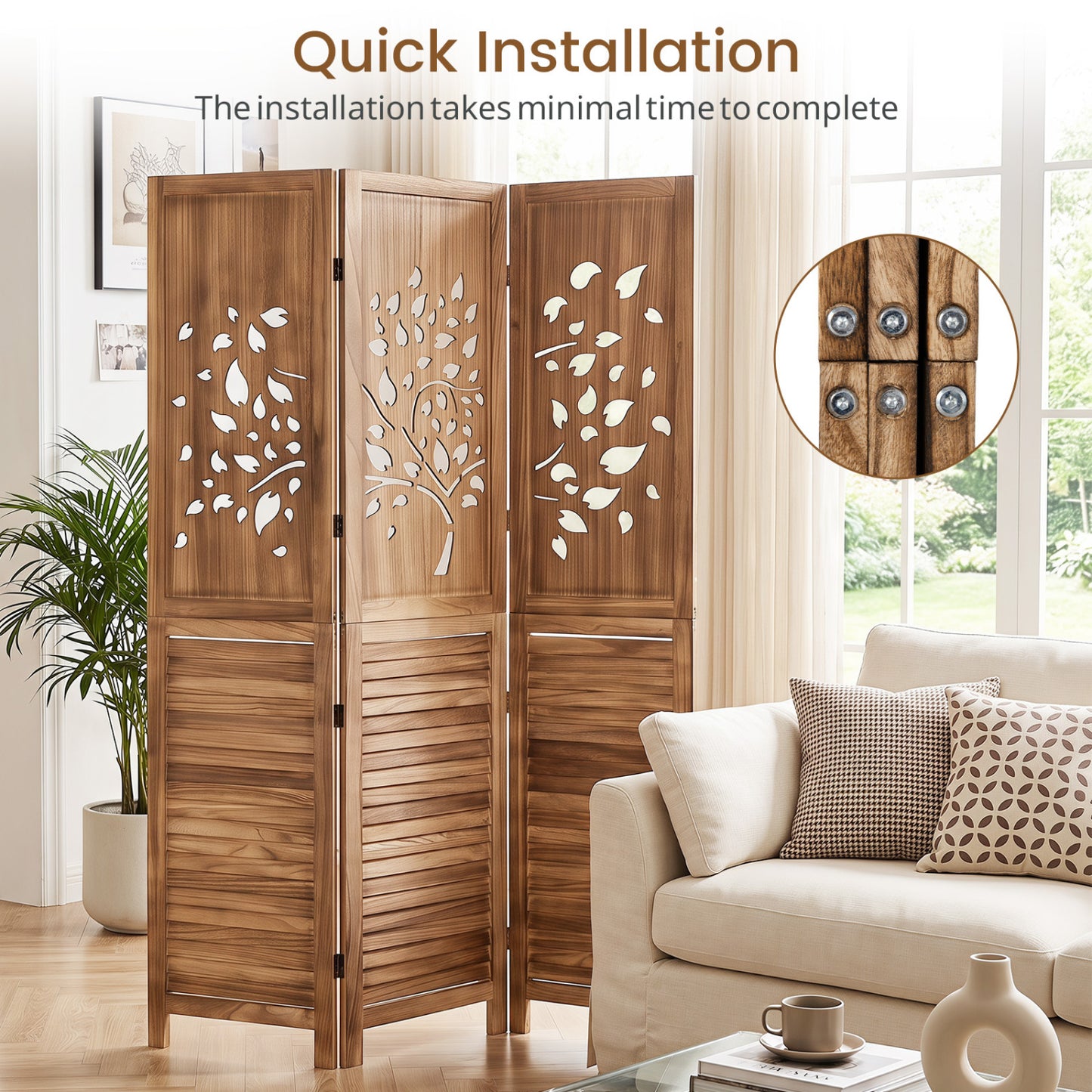 Folding Room Divider 3 Panels, Tree Cutout Louver, 67", Rustic Brown
