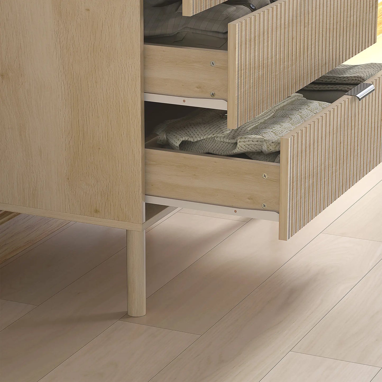 4 Drawer Dresser, Fluted Panels, Solid Wood Legs, Oak Storage Cabinets at Gallery Canada