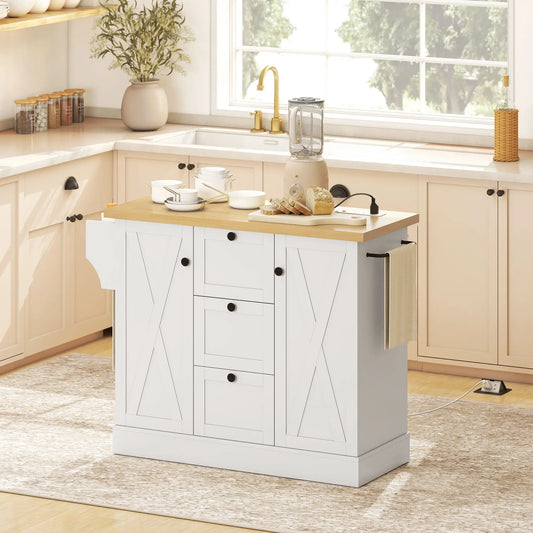 Farmhouse Kitchen Island Cart with Power Outlet, 49 Inch, White Kitchen Islands & Kitchen Carts White, Natural at Gallery Canada