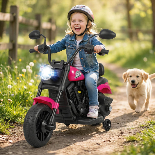 6V Kids Motorcycle with Headlight and Music and Training Wheels, Pink Powered Ride On Toys Pink at Gallery Canada