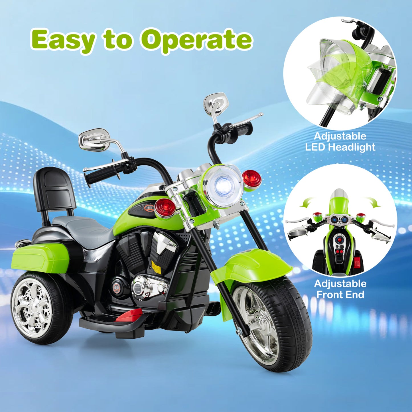 6V Toddler 3-Wheel Motorbike Ride On with Horn, Headlight, Green Powered Ride On Toys at Gallery Canada