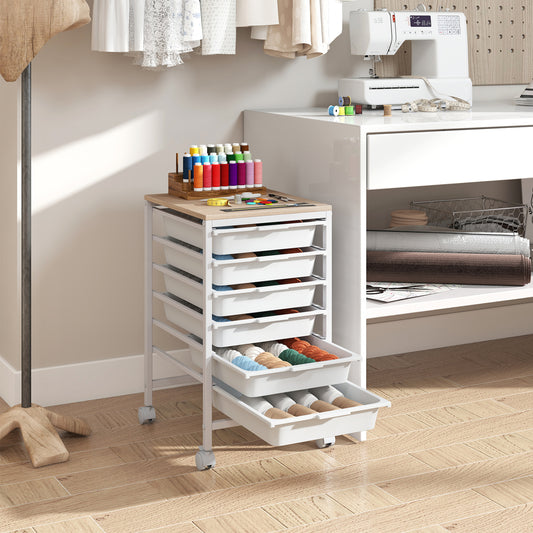 6-Drawer Rolling Storage Cart with Wooden Tabletop, White File Cabinets White at Gallery Canada
