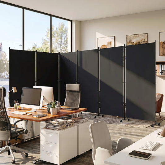6 Panel Folding Privacy Screen Divider With Wheels, Black Room Dividers Black at Gallery Canada