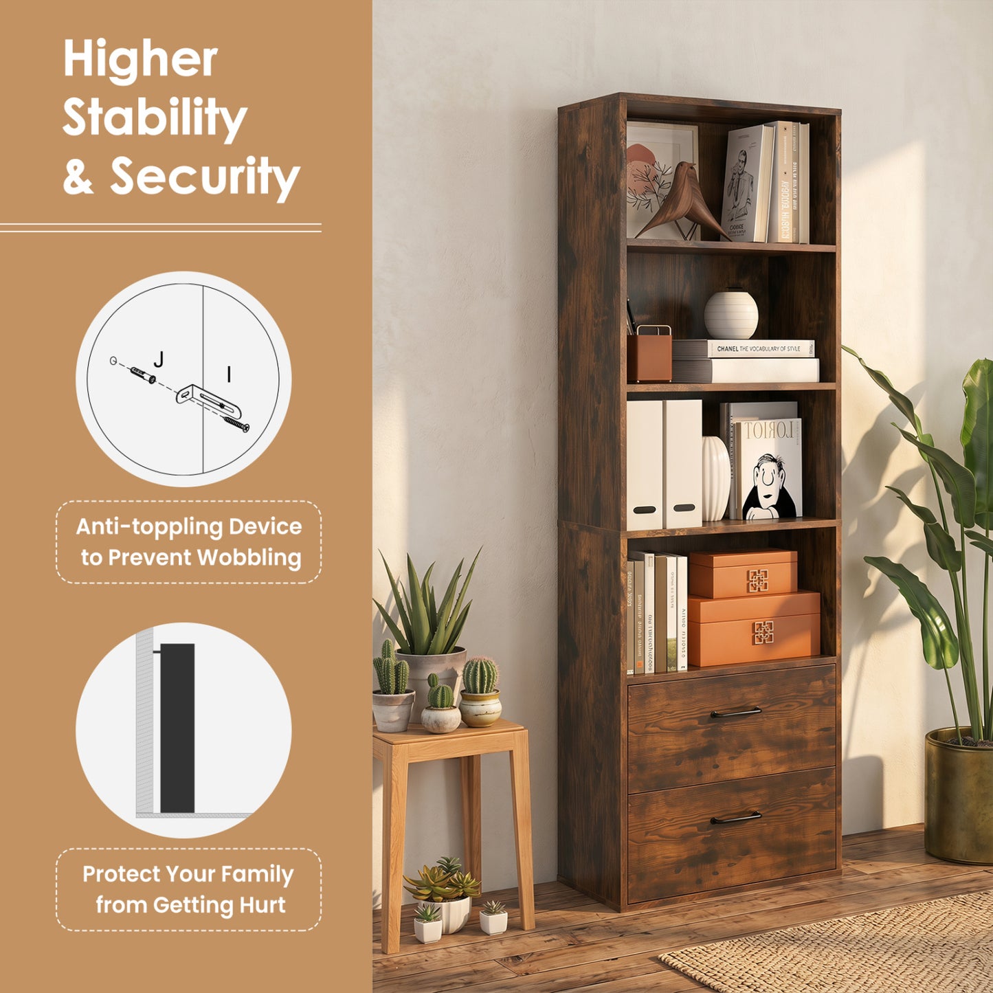 6-Tier Tall Bookshelf With 4 Open Shelves, 2 Drawers, Rustic Brown Bookcases at Gallery Canada