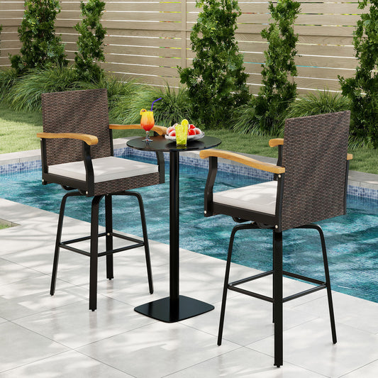 Set Of 2 Outdoor Swivel Bar Stools, With Cushion And Acacia Wood Armrests, Brown Patio Bar Furniture Brown at Gallery Canada