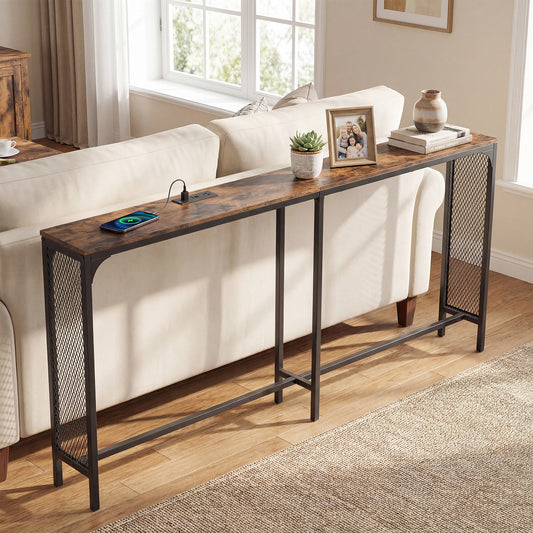 71 Inch Narrow Console Table with Power Outlet for Small Space, Rustic Brown Console Tables Rustic Brown at Gallery Canada