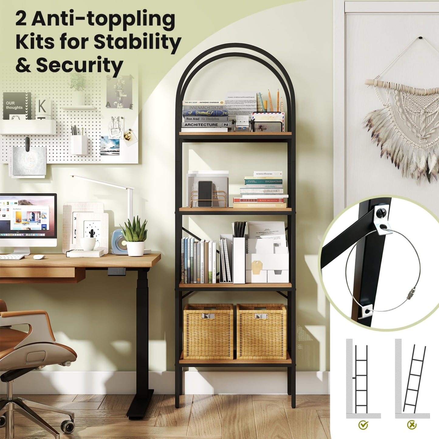Arched Bookcase 4-Tier, Metal Frame, Black & Brown