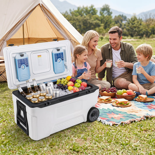 74 Quart Portable Rolling Cooler with Fish Ruler, White Coolers White at Gallery Canada