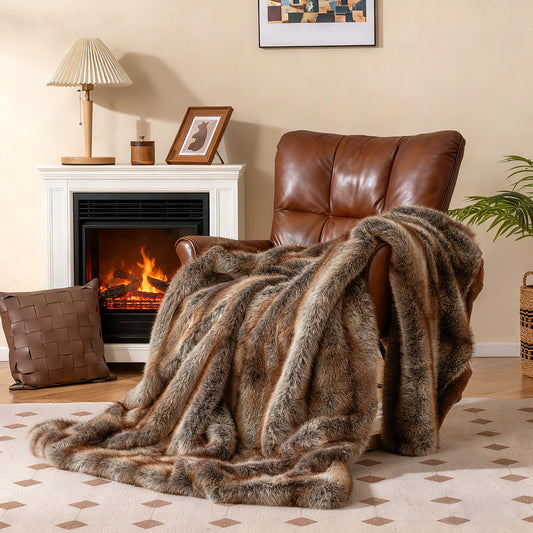 780GSM Soft Plush Faux Fox Fur Blanket, Brown Bedding Brown at Gallery Canada