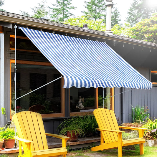 10x5ft Manual Retractable Awning, Patio Sun Shade, Water Resistant, Blue Door Awnings Blue and White at Gallery Canada