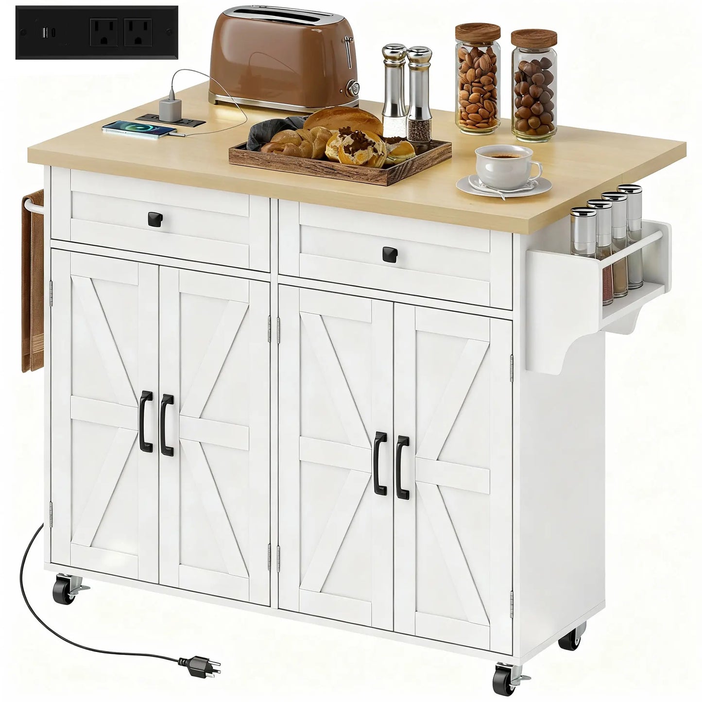 Rolling Kitchen Cart With Charging Station, Drop Leaf, Drawers Kitchen Islands & Kitchen Carts at Gallery Canada