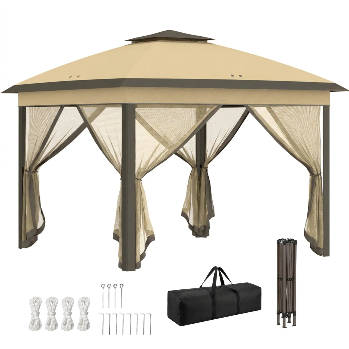 11' x 11' Pop Up Gazebo, Double Roof, Foldable, Adjustable, Beige Pop Up Canopies at Gallery Canada