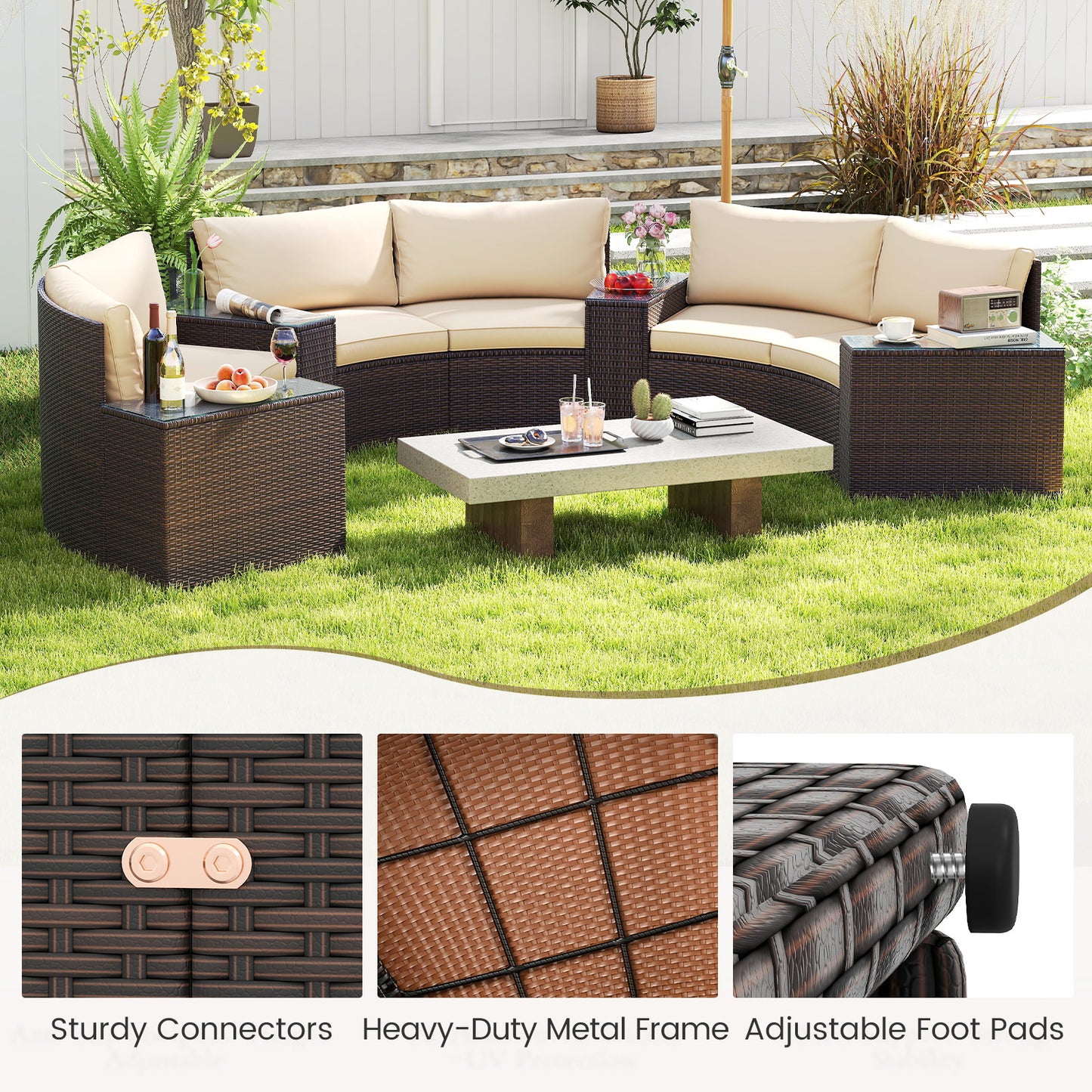7-Piece Patio Furniture Set, PE Rattan Half-Moon Sofa, Brown Patio Furniture Sets at Gallery Canada