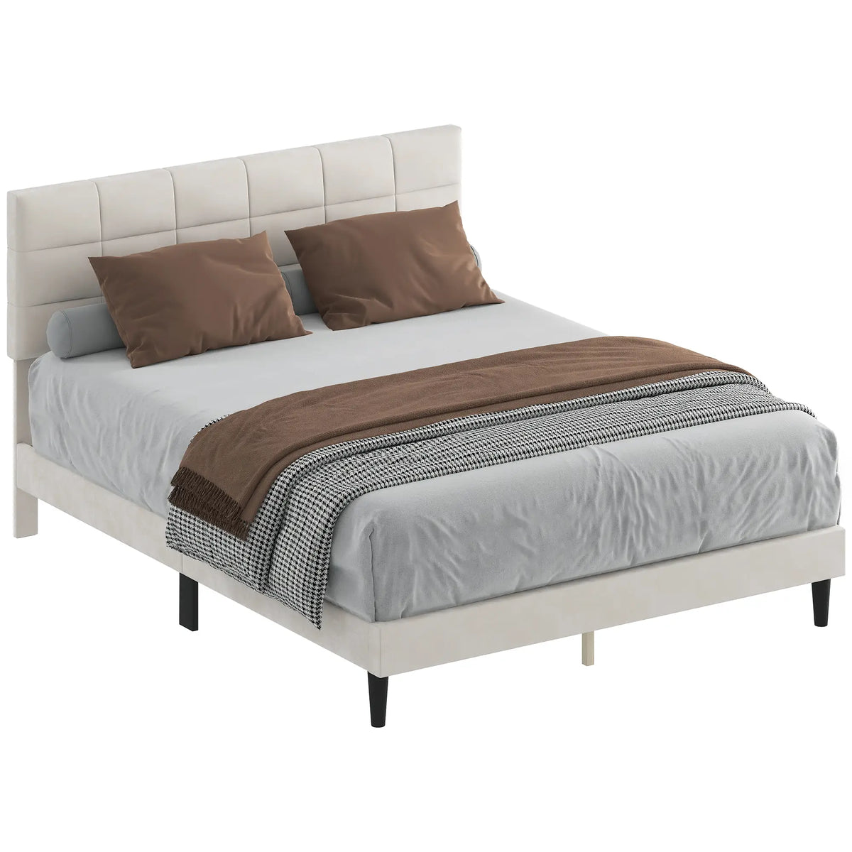 Queen Size Bed Frame, Upholstered Headboard, Wood Slats, 1100 lbs, Cream Bed Frames at Gallery Canada