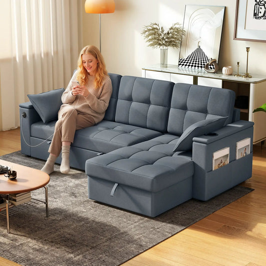 Convertible Sectional Sofa Bed, Pull Out Sleeper, Chaise Storage, Dark Grey Sofas & Reclining Chairs Dark Grey at Gallery Canada