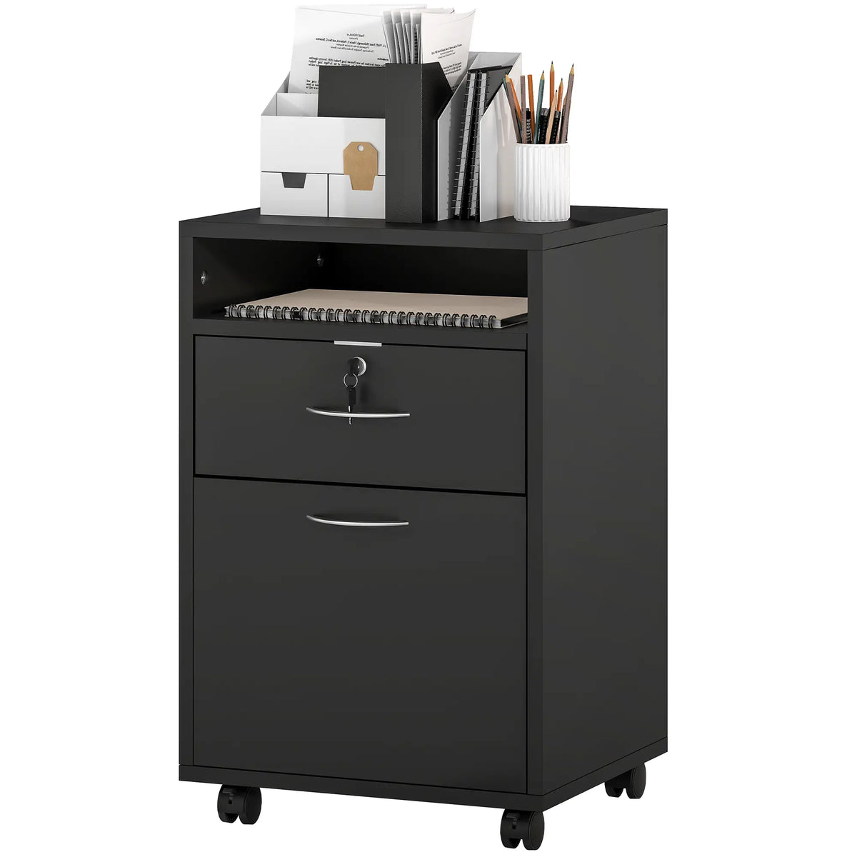 24" Small Filing Cabinet With Compartment, Drawer & Wheels, Black Office Cabinets & Cupboards at Gallery Canada