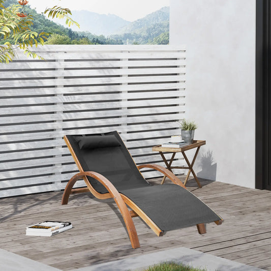 Wood Chaise Lounge Chair Recliner, Outdoor Patio Camping, Teak Black, Black