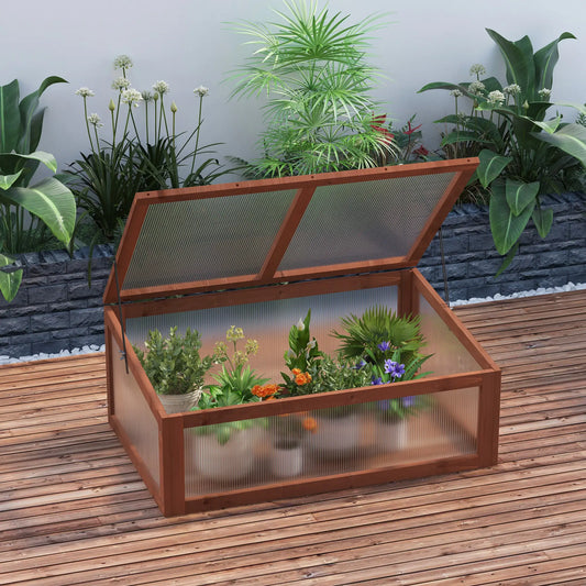 39" x 26" x 16" Wooden Cold Frame, Tilted Top Cover, Polycarbonate Planter Box, Brown Greenhouses Brown at Gallery Canada