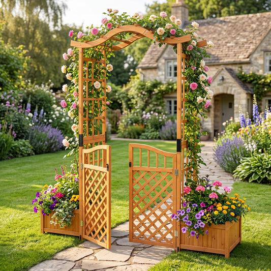 83" Garden Arbor With Gate And 2 Planter Boxes, Yellow Plant Supports Yellow at Gallery Canada