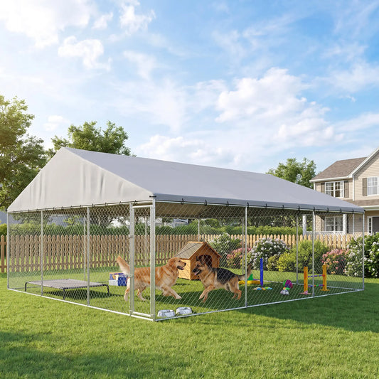 Galvanized Steel Dog Kennel With Roof, 19.7' x 14.8' x 7.9' Dog Kennels Silver at Gallery Canada