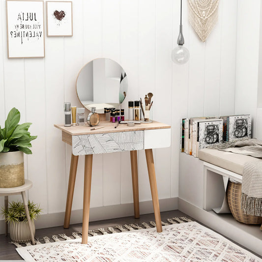 Vanity Desk With Mirror, Drawer, Adjustable Height, Wood Legs, Oak Dressing & Vanity Tables Oak, White at Gallery Canada