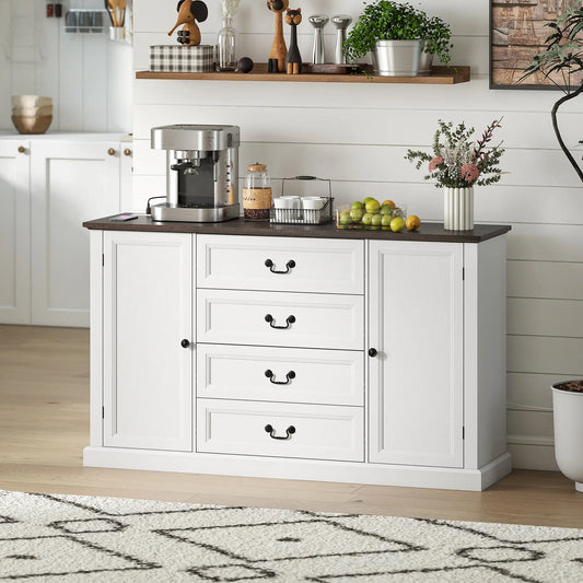Farmhouse Sideboard with Charging Station, 58" Buffet Cabinet, White Storage Cabinets White Wood Grain, Brown Wood Grain at Gallery Canada
