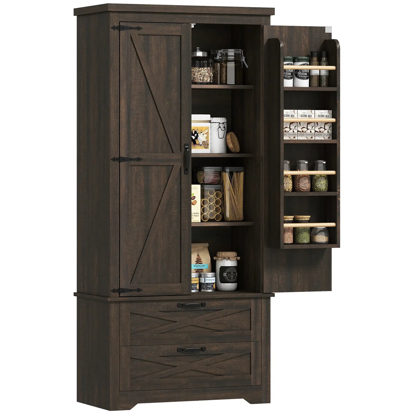 Farmhouse Kitchen Pantry Cabinet, 64", Distressed Dark Brown Kitchen Pantry Cabinets at Gallery Canada