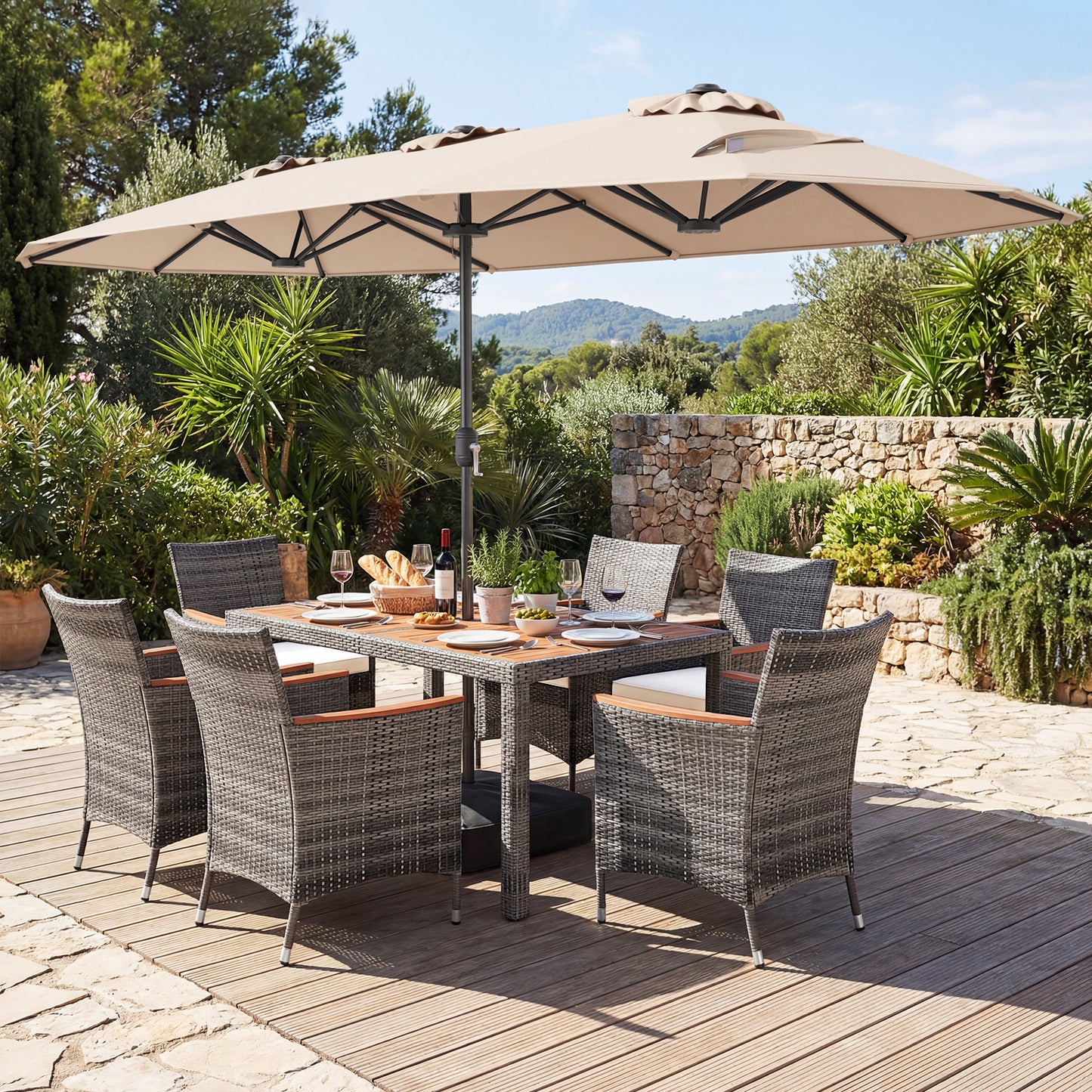 8-Piece Patio Dining Set, Double-Sided Market Umbrella, Beige Patio Dining Sets at Gallery Canada