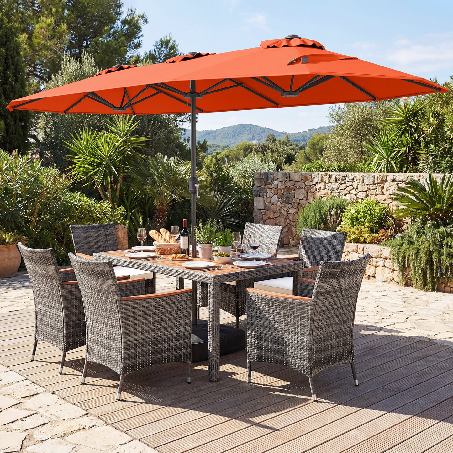 8-Piece Patio Dining Set, With Double-Sided Market Umbrella, Orange Patio Dining Sets at Gallery Canada