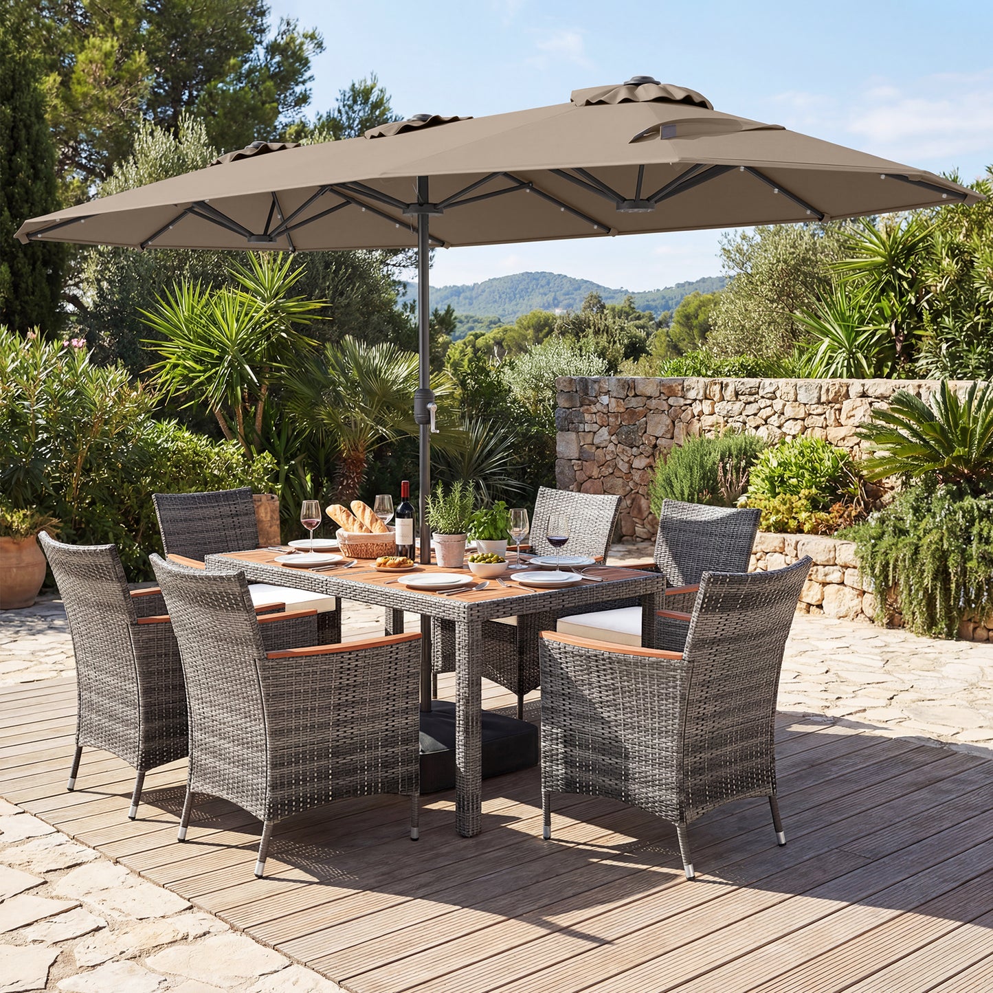 8 Piece Outdoor Wicker Dining Set, 13.5 FT Double Sided Patio Umbrella, Brown Patio Furniture Sets at Gallery Canada