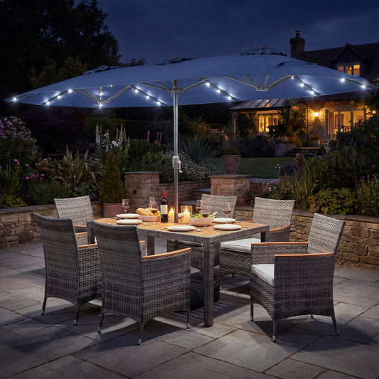 8 Piece Outdoor Wicker Dining Set, 13.5 FT Double-Sided Patio Umbrella, Navy Patio Furniture Sets Navy at Gallery Canada