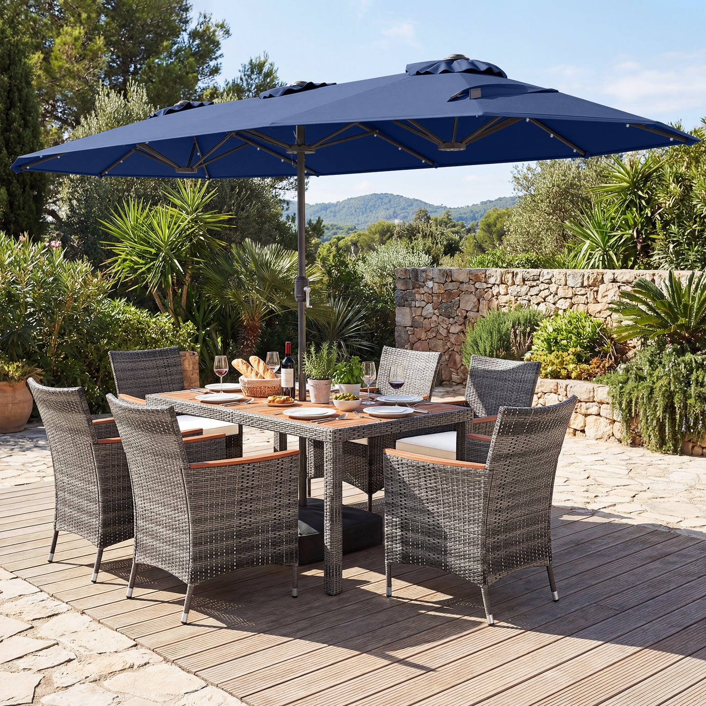 8 Piece Outdoor Wicker Dining Set, 13.5 FT Double-Sided Patio Umbrella, Navy Patio Furniture Sets at Gallery Canada