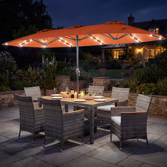 8 Piece Outdoor Wicker Dining Set, 13.5 FT Double-Sided Patio Umbrella, Orange Patio Furniture Sets Orange at Gallery Canada