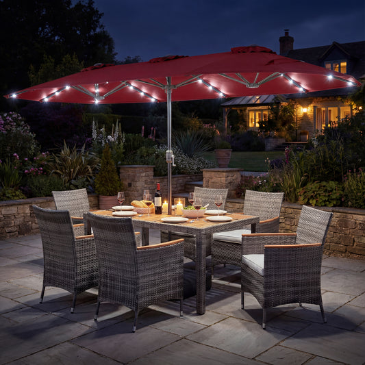 8 Piece Wicker Dining Set, 13.5 FT Double-Sided Patio Umbrella, Red Patio Furniture Sets Red at Gallery Canada