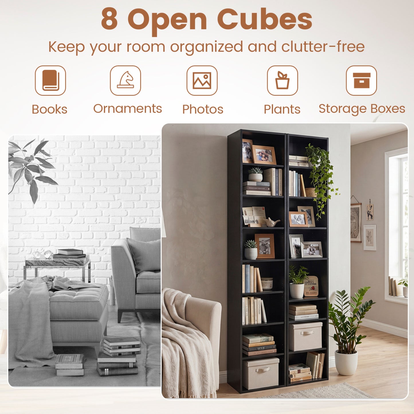 8-Tier Narrow Bookshelf, Adjustable Shelves, Storage Cubes, Black Bookcases at Gallery Canada