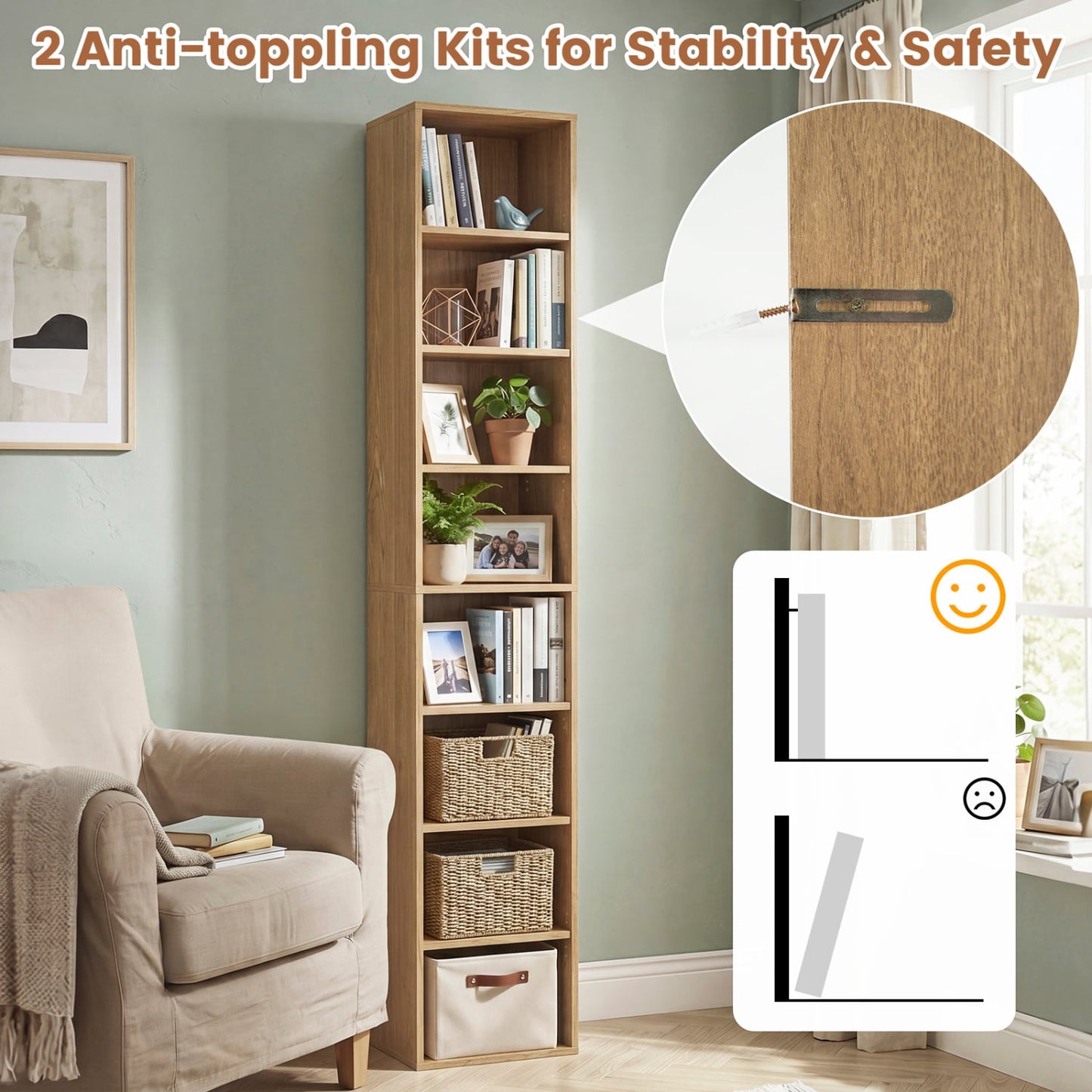 8-Tier Narrow Bookshelf, Adjustable Shelves, Storage Cubes, Natural Bookcases at Gallery Canada