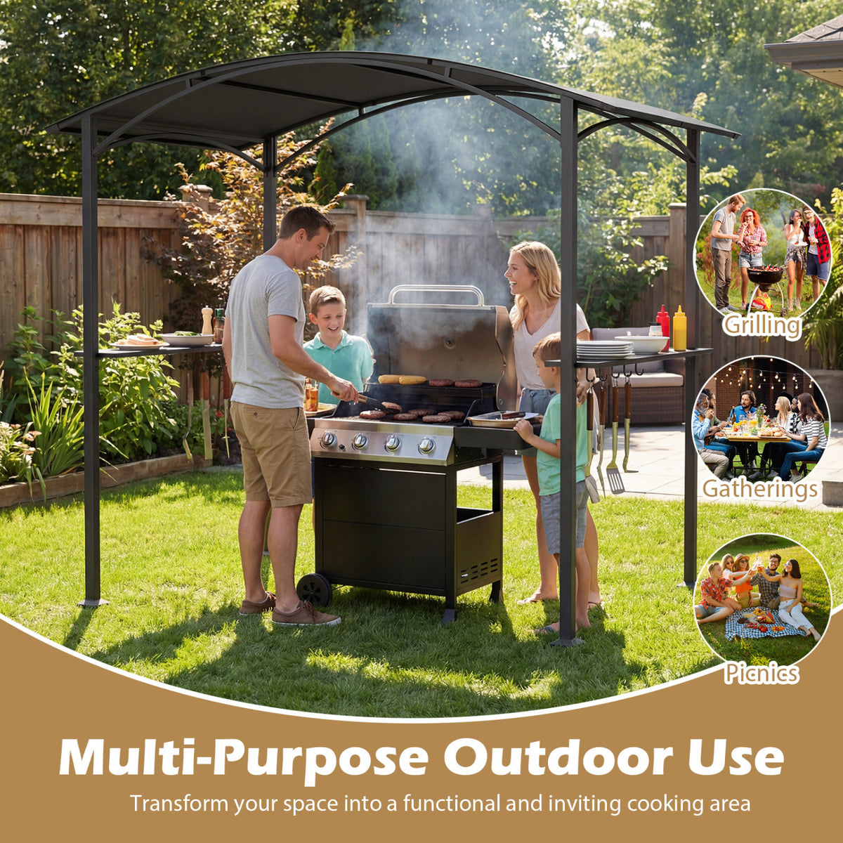 8 x 5 x 7 FT Outdoor BBQ Grill Gazebo, Metal Frame, Gray Gazebos at Gallery Canada