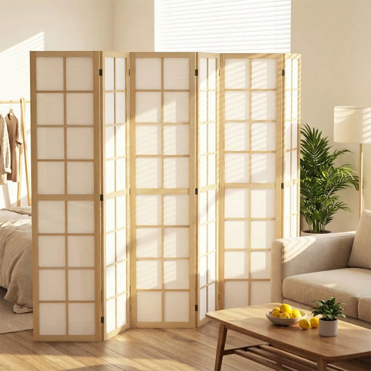 6 Panel Room Divider, 5.6 ft, Natural Wood, Folding Wall Partition Room Dividers Natural Wood, White at Gallery Canada