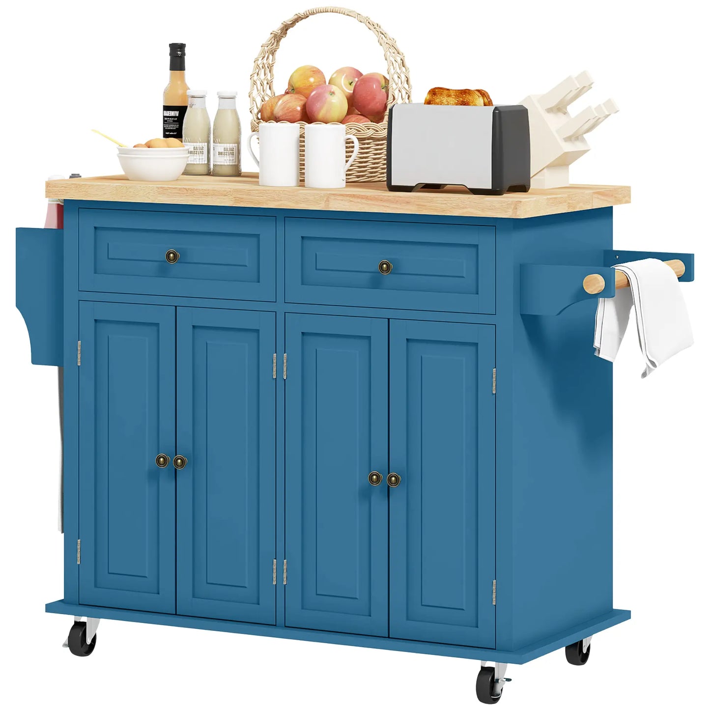 Kitchen Island with Storage, Rolling Cart, Rubber Wood Top, Blue Kitchen Islands & Kitchen Carts at Gallery Canada