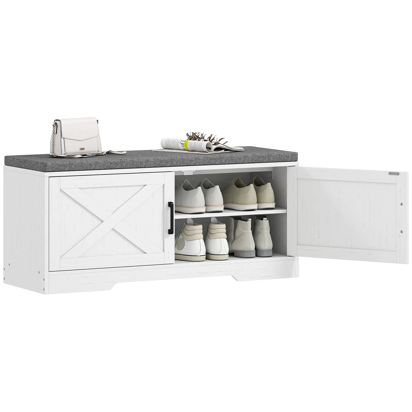 Shoe Bench With Cushion, Adjustable Shelves, Doors, White Shoe Storage Cabinets & Racks at Gallery Canada