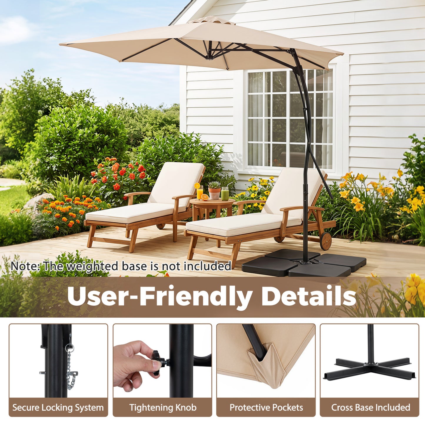 9 FT Cantilever Umbrella With Cross Base, Beige
