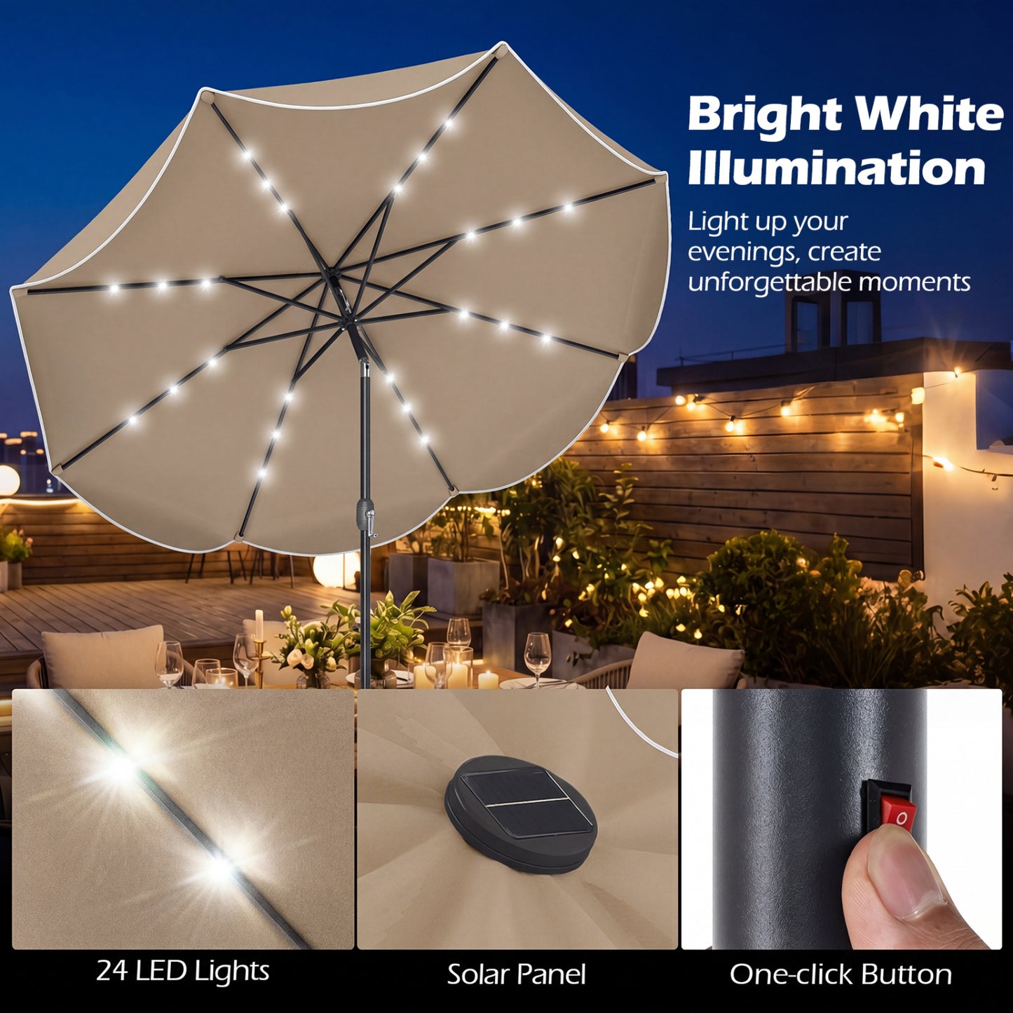 9 Ft Scalloped Solar Patio Umbrella With LED Lights, Tan Outdoor Umbrellas at Gallery Canada