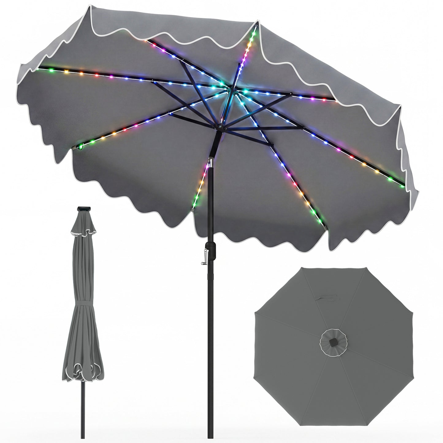 9 Feet Solar Patio Umbrella with Color-Changing LED Lights, Gray Outdoor Umbrellas at Gallery Canada