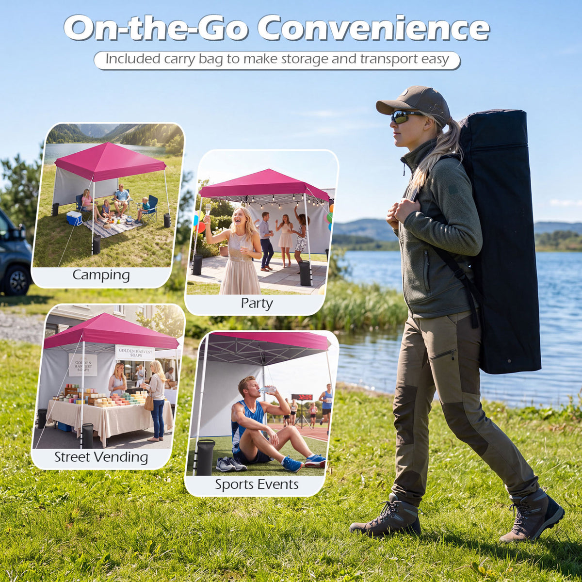 9 Ft x 9 Ft Pop Up Canopy Tent with Ground Stakes, Wind Ropes & Carry Bag, Pink Canopies at Gallery Canada