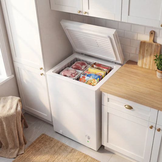 3.5 Cu.Ft Chest Freezer, Adjustable Thermostat, Wire Basket, White Small Kitchen Appliances White at Gallery Canada